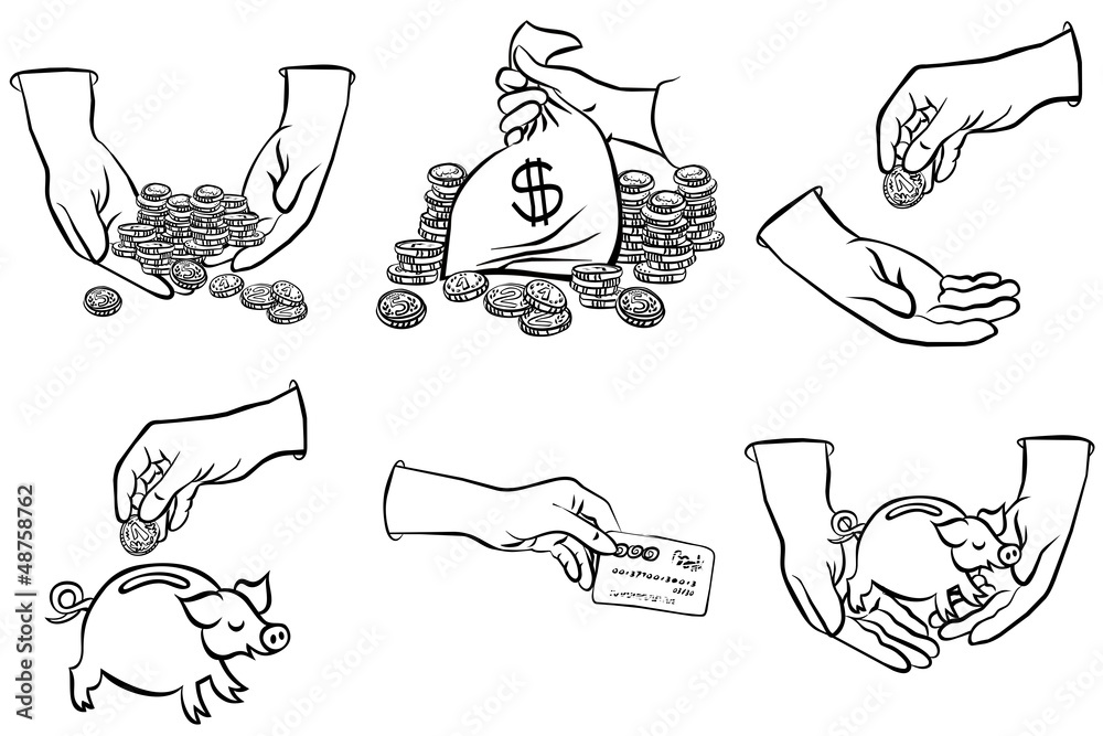 pieniądze w rękach zestaw czarno białych ilustracji finansowych - obrazy, fototapety, plakaty 