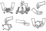 Fototapeta  - pieniądze w rękach zestaw czarno białych ilustracji finansowych
