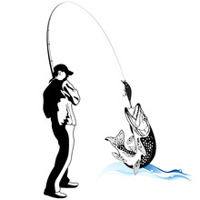 Fisherman Caught A Pike, Vector Illustration