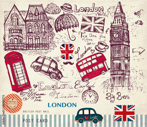 Obraz w ramie Vector hand drawn card with London symbols