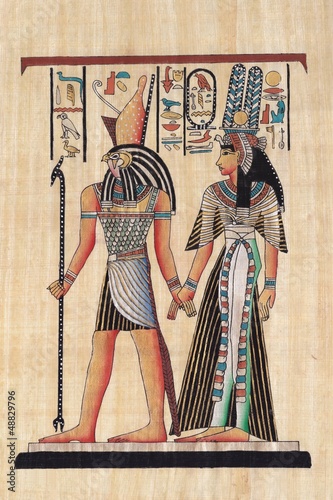 Nowoczesny obraz na płótnie Egipski bożek słońca z Kleopatrą na papirusie