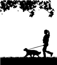 Girl Walking A Dog In Park In Spring Silhouette