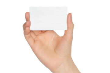 Wall Mural - Hand holds charge card on white background.