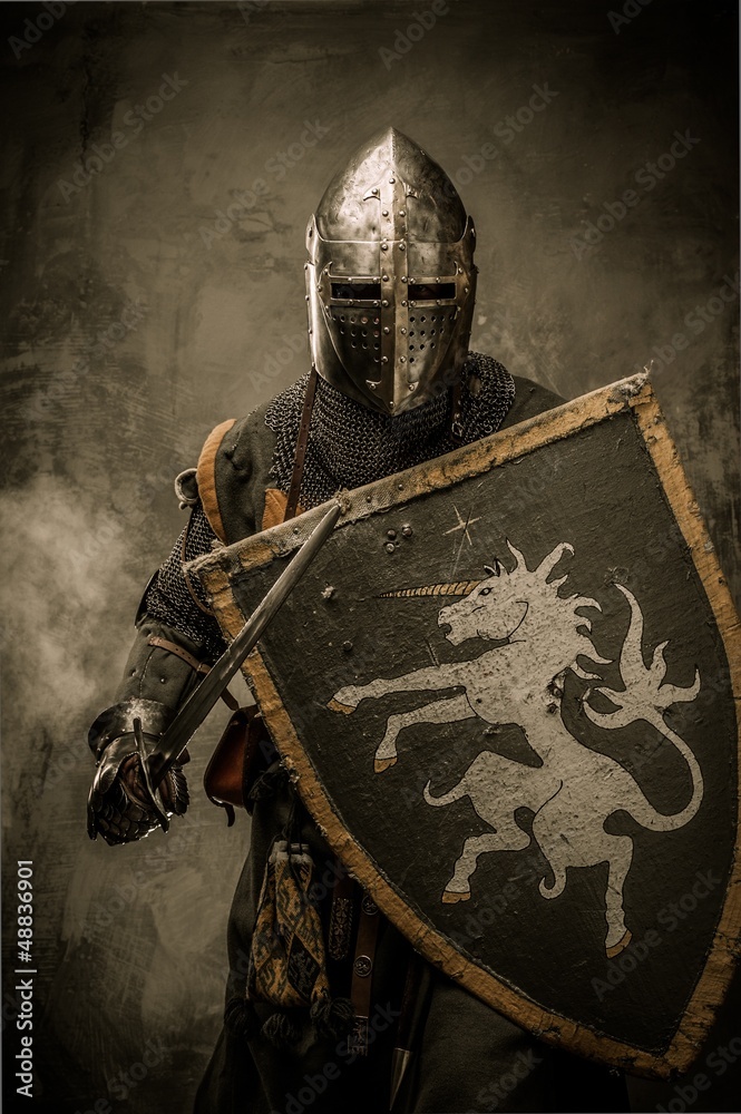 Medieval knight with sword and shield against stone wall - obrazy, fototapety, plakaty 
