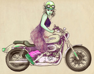 Sticker - Vintage theme: Woman posing on a powerful motorcycle