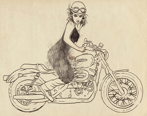 Poster - Vintage theme: Woman posing on a powerful motorcycle