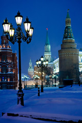 Sticker - Kremlin towers in winter snowing night