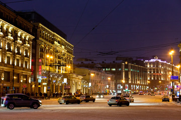 Poster - view of Tverskaya street in winter night in Moscow