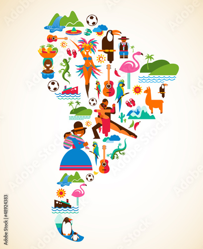 Obraz w ramie South America love - concept illustration with vector icons