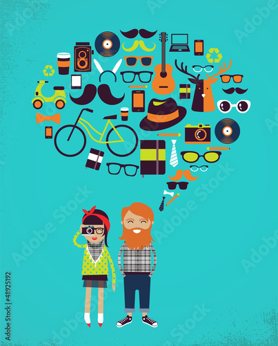 Plakat na zamówienie Hipster speech bubble with icons and stylish young couple