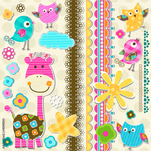 Fototapeta na wymiar cute giraffe and birds