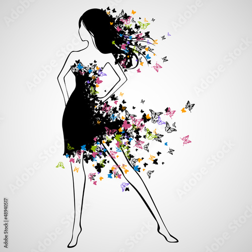 Naklejka dekoracyjna Vector Illustration of Beautiful Woman with Butterfly Dress