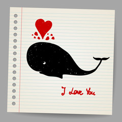 Cute doodle in love whale with hearts. Vector illustration