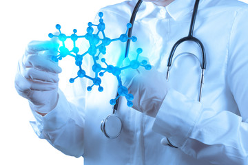 scientist doctor hand touch virtual molecular structure