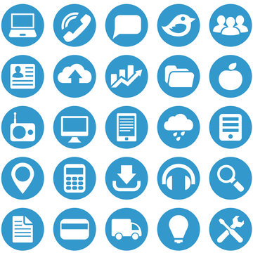 Icons for web site in blue circle.
