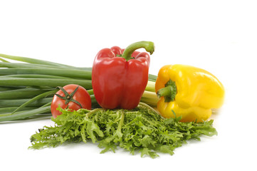 Wall Mural - Yellow and red paprika and tomato with fresh green coriander