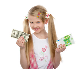 little girl choice dollar or euro. isolated on white