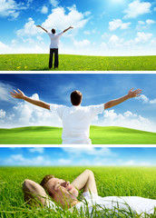 Wall Mural - happy man on spring field, set of banners