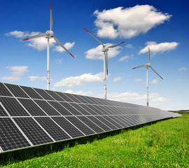 Wall Mural - solar energy panels and wind turbine