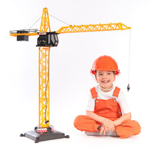 Small Builder And Crane On White Background