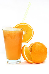 Orange juice and slices of orange isolated on white