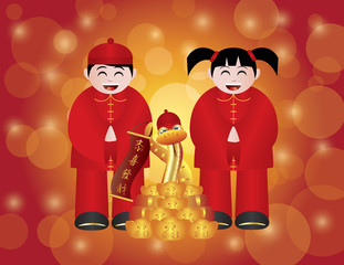 Wall Mural - Chinese New Year Boy and Girl with Snake