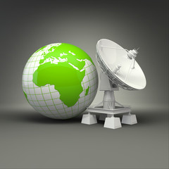 Wall Mural - Satellite dish and earth on grey background