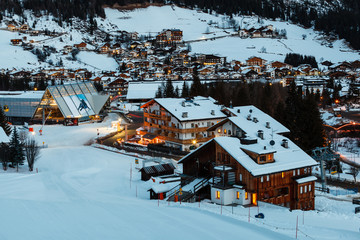 Fototapete - Ski Resort of Corvara at Night, Alta Badia, Dolomites Alps, Ital