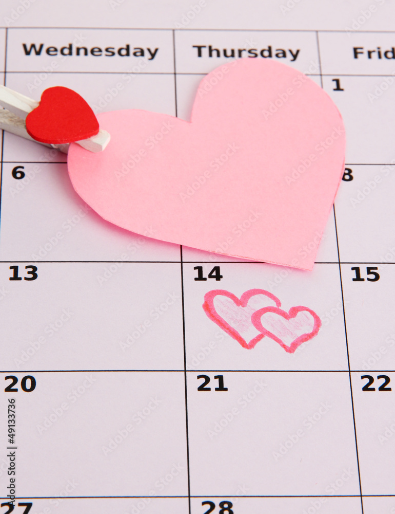 Notes on the calendar (valentines day), close-up