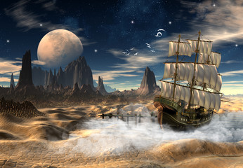 Wall Mural - sailing ship in a desert - fantasy scene