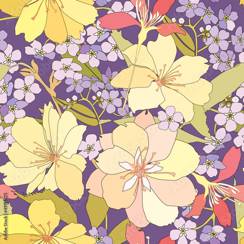 Obraz w ramie seamless pattern with white and lilac flowers. floral background