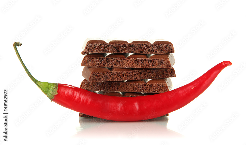 Dark chocolate with chili pepper, isolated on white