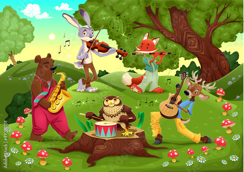 Obraz w ramie Musicians animals in the wood.