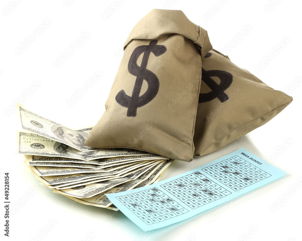 Lottery ticket and bags with money, isolated on white