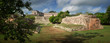 Panoramic view of the ruins of the Mayan pyramids in Uxmal