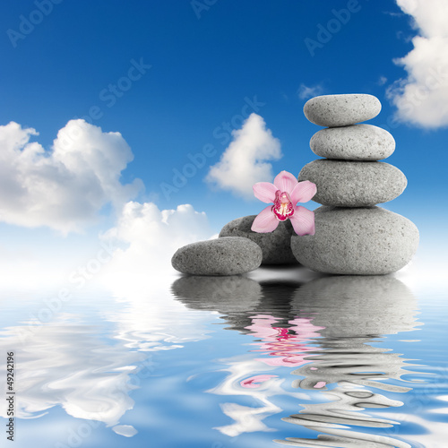 Fototapeta na wymiar Gray zen stones and orchid sky with clouds