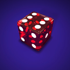 Red transparent dice on blue background