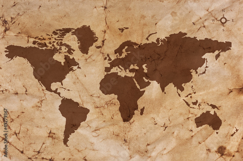 Fototapeta do kuchni Old World map on creased and stained parchment paper