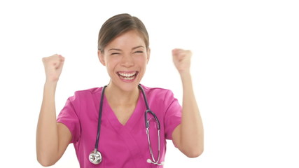 Wall Mural - Medical nurse doctor cheering, celebrating and dancing