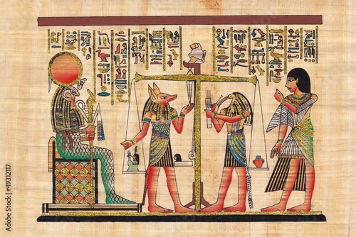 Fototapeta na wymiar Mitologiczna scena z ceremonii ślubnej malowanej na papirusie