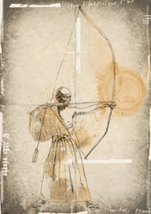 Sticker - Kyudo - modern Japanese martial art. / Hand drawn illustration.