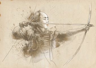 Wall Mural - Kyudo - modern Japanese martial art. / Hand drawn illustration.