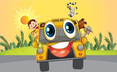 Canvas Print - A school bus with animals