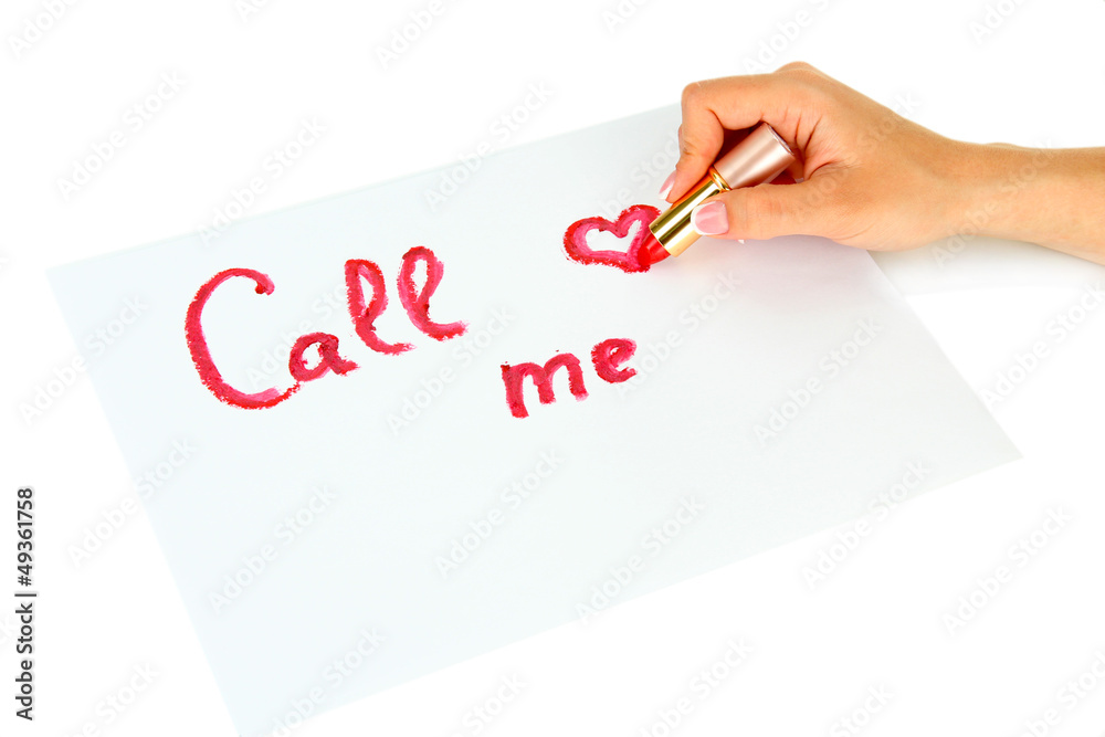 Inscription lipstick on white paper, isolated on white
