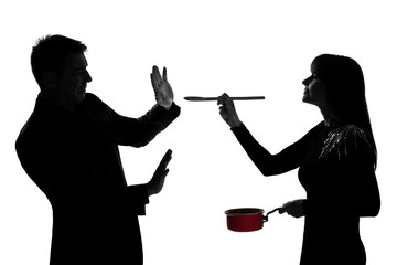 Poster - one couple man and woman tasting cooking sauce pan