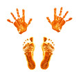 Prints of children's painted hands and feet.