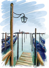 Wall Mural - Venice. Street lamp and gondolas on the water