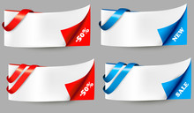 Red And Blue Sale Banners With Ribbons. Vector.