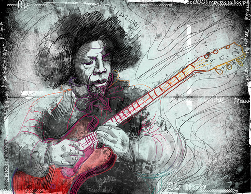 Naklejka - mata magnetyczna na lodówkę guitarist - a hand drawn grunge illustration