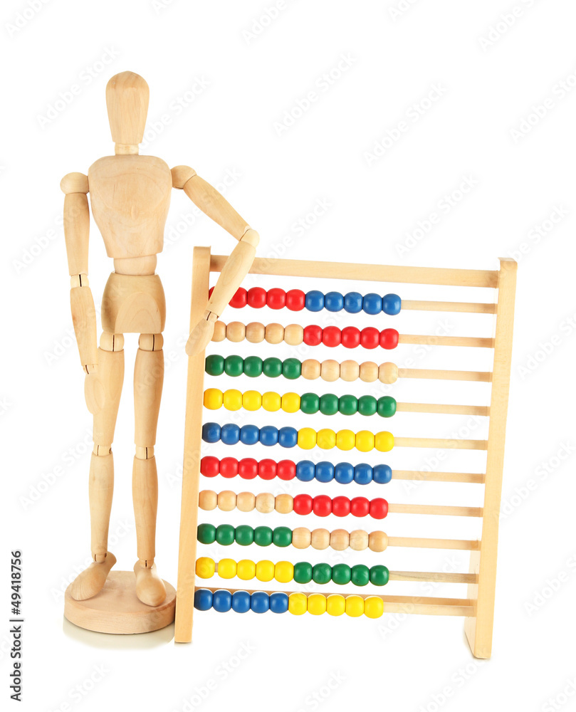 Bright toy abacus and wooden dummy, isolated on white